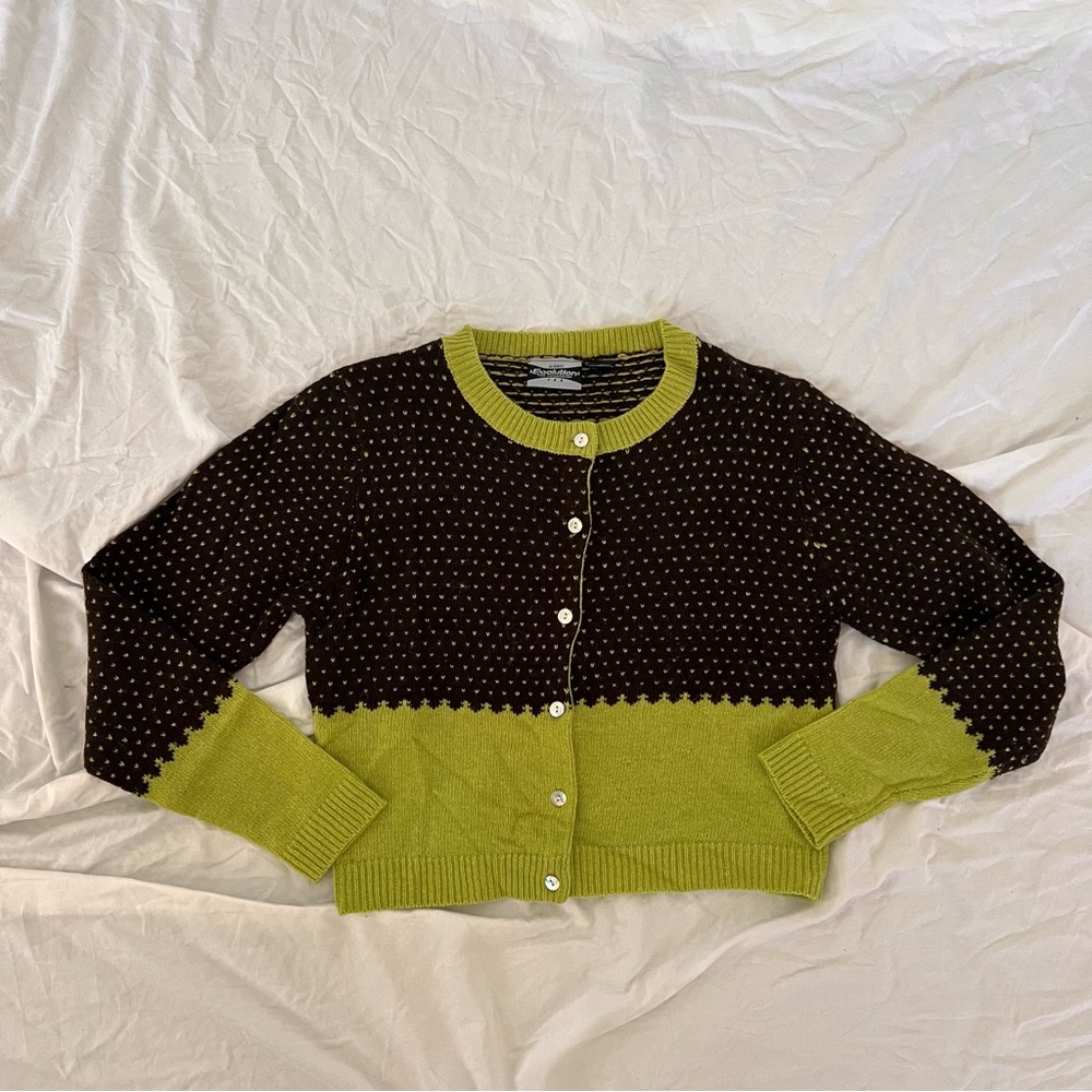 Y2K Evolution not Revolution Wool Blend Green and Brown Knit Cardigan Size L